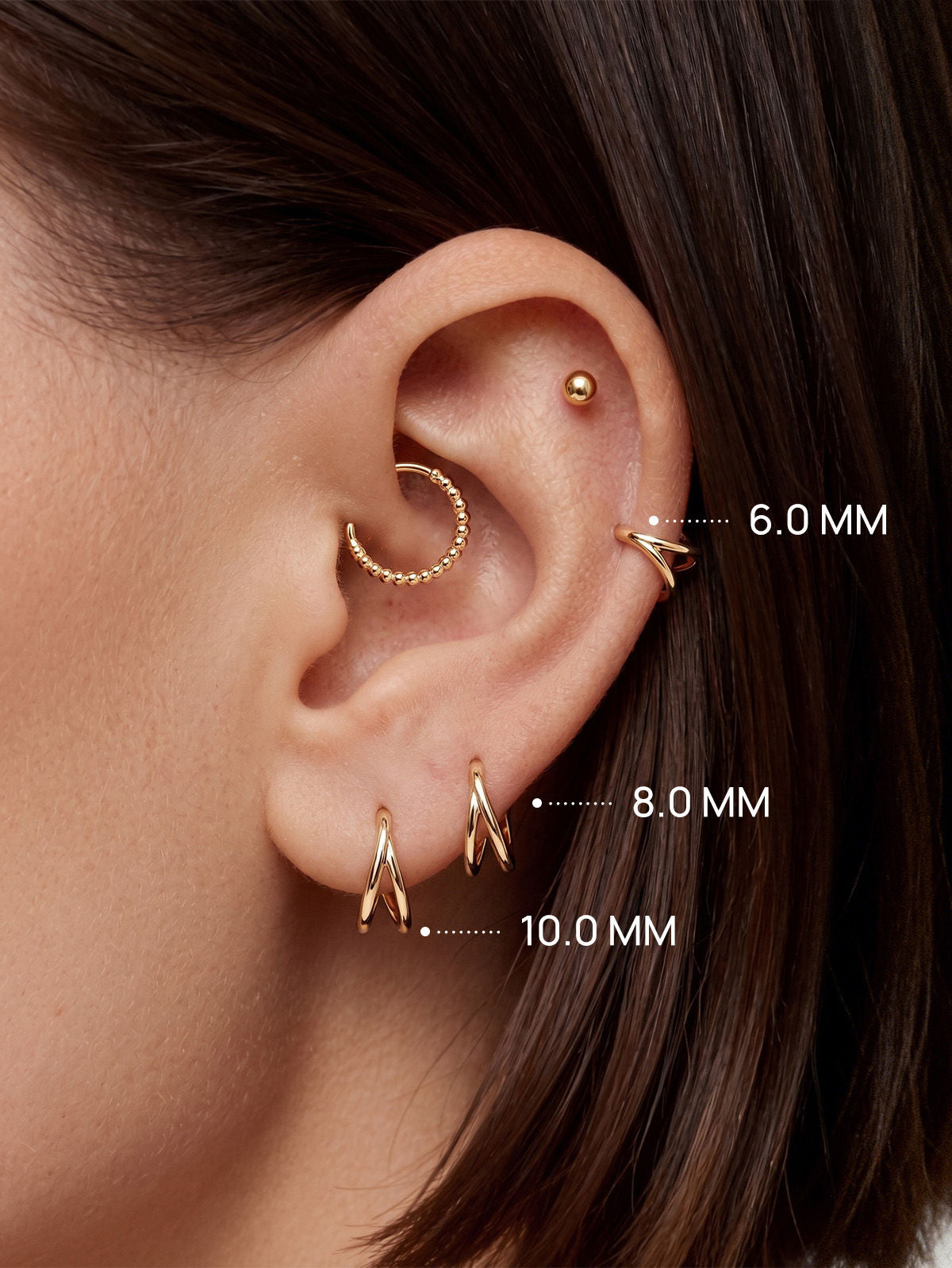 KOSINER 14K Solid Gold Minimal Gloss Double Layer Clicker Hoop, Nickel-Free Waterproof Sleep-Friendly Dainty Multi Piercing Jewelry for Women 6mm 8mm 10mm