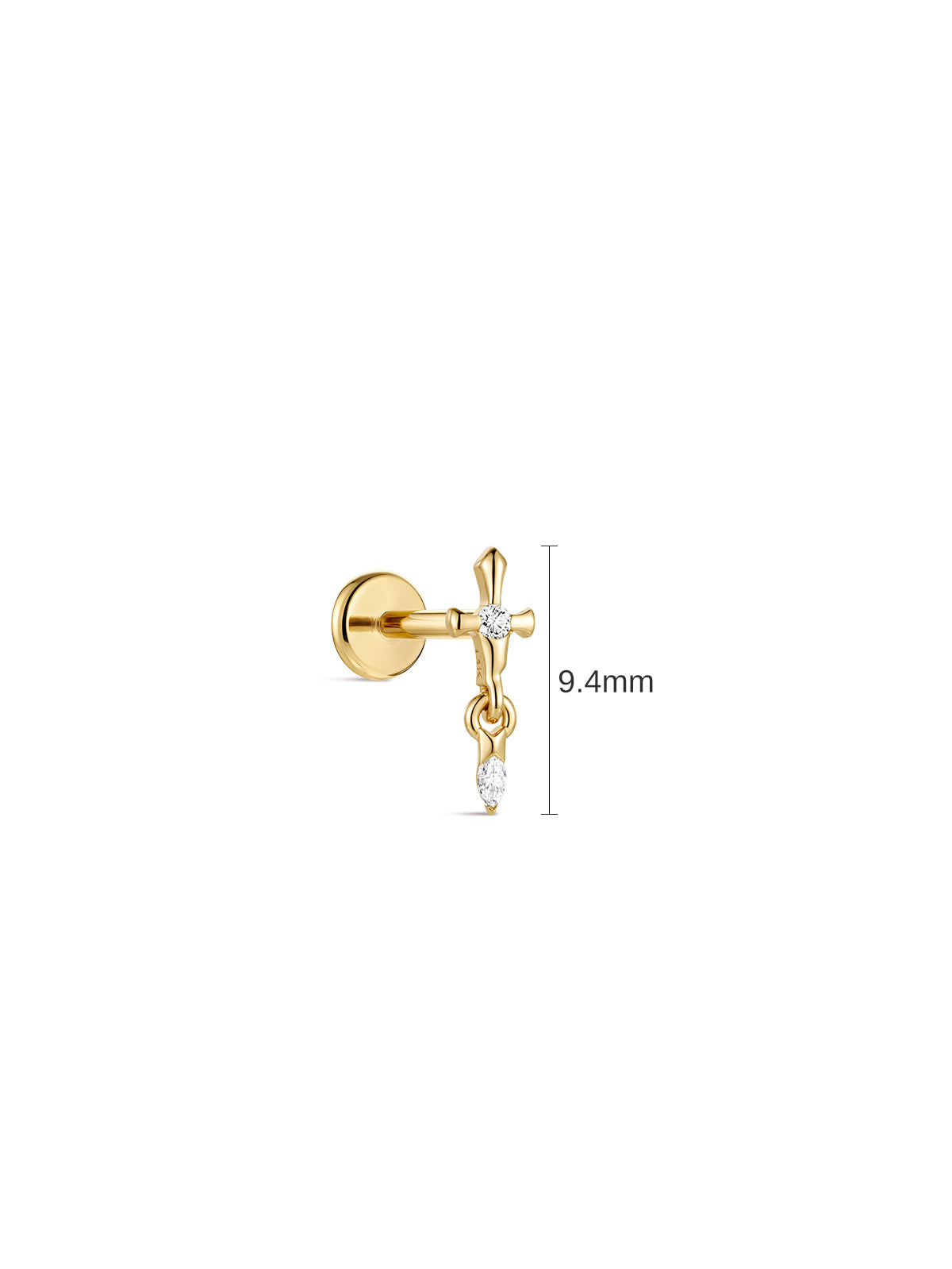 Blonde model curated ear stack with 14K gold broken sword drop cartilage stud, layered goth gold piercings closeup lifestyle photo