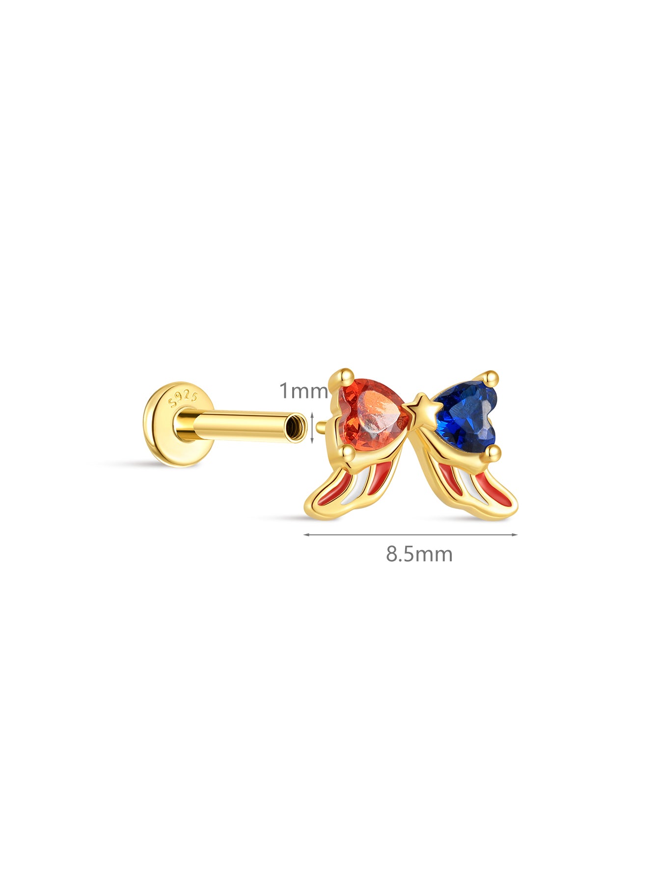KOSINER patriotic bow flat back stud dimension display, total width 8.5mm, 1mm post thickness, S925 sterling silver internally threaded labret post, red blue heart crystal patriotic bow cartilage piercing earring