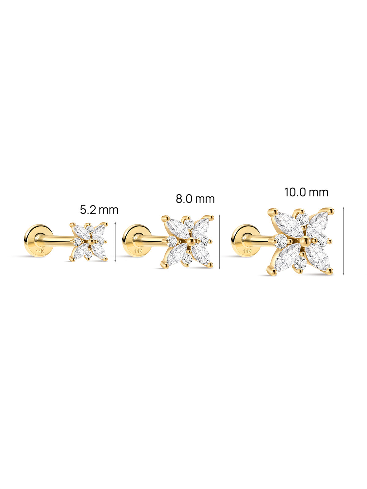 KOSINER Floral Stud Size Guide (5.2/8.0/10.0mm), 14K Gold Flat Back Piercing Earring