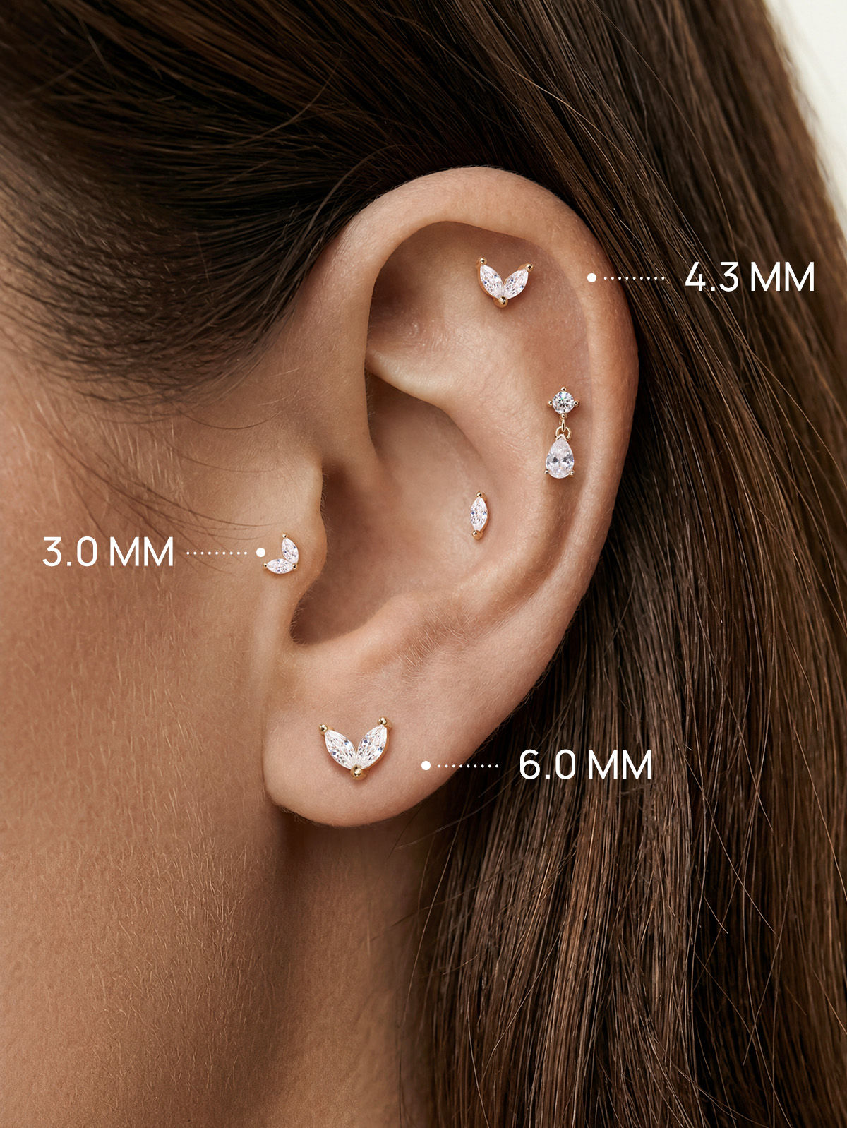 KOSINER 14K Solid Gold Minimal Marquise CZ Butterfly Wing Flat Back Piercing Stud, Nickel-Free Waterproof Dainty Elegant Cartilage Earring for Multi Piercing Stack