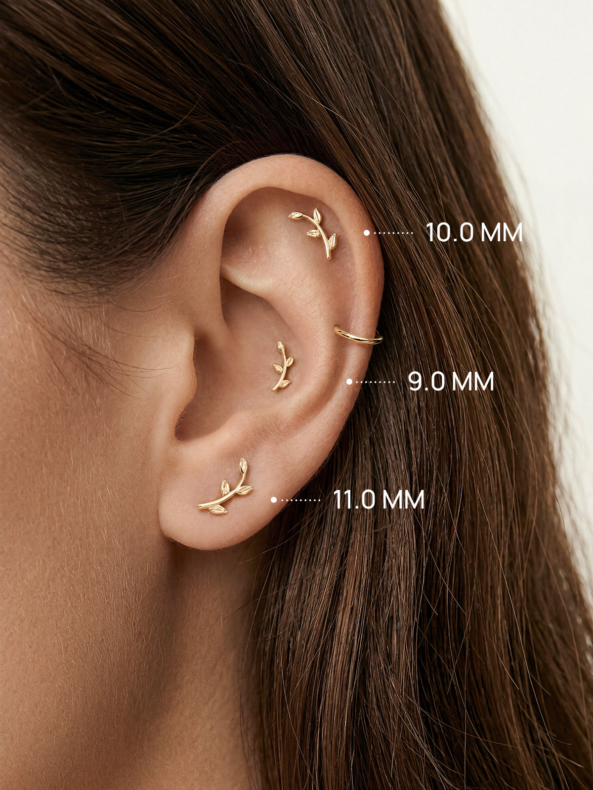 KOSINER 14K Solid Gold Minimal Leaf Branch Flat Back Piercing Stud, Nickel-Free Waterproof Dainty Nature Inspired Cartilage Earring for Multi Piercing 