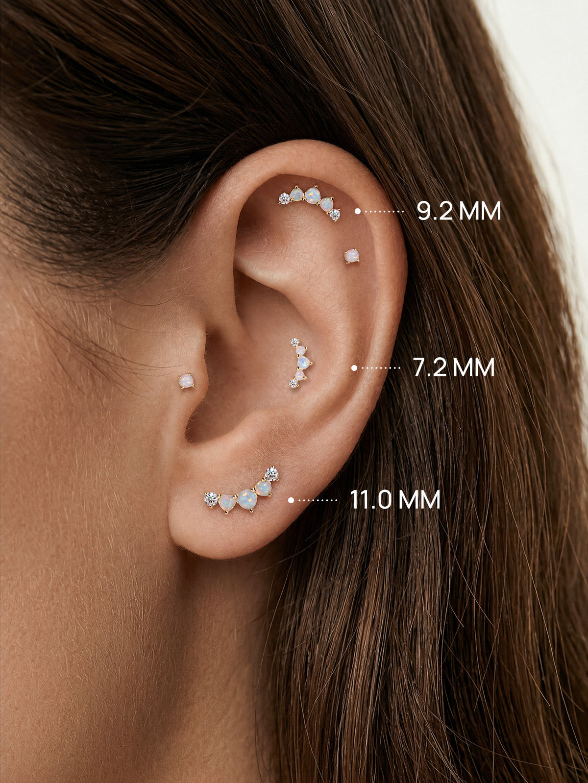 KOSINER 14K Solid Gold Three-Stone Opal Cluster Curved Flat Back Piercing Stud, Nickel-Free Waterproof Dainty Rainbow Opal Cartilage Earring for Multi Ear Stack Piercing