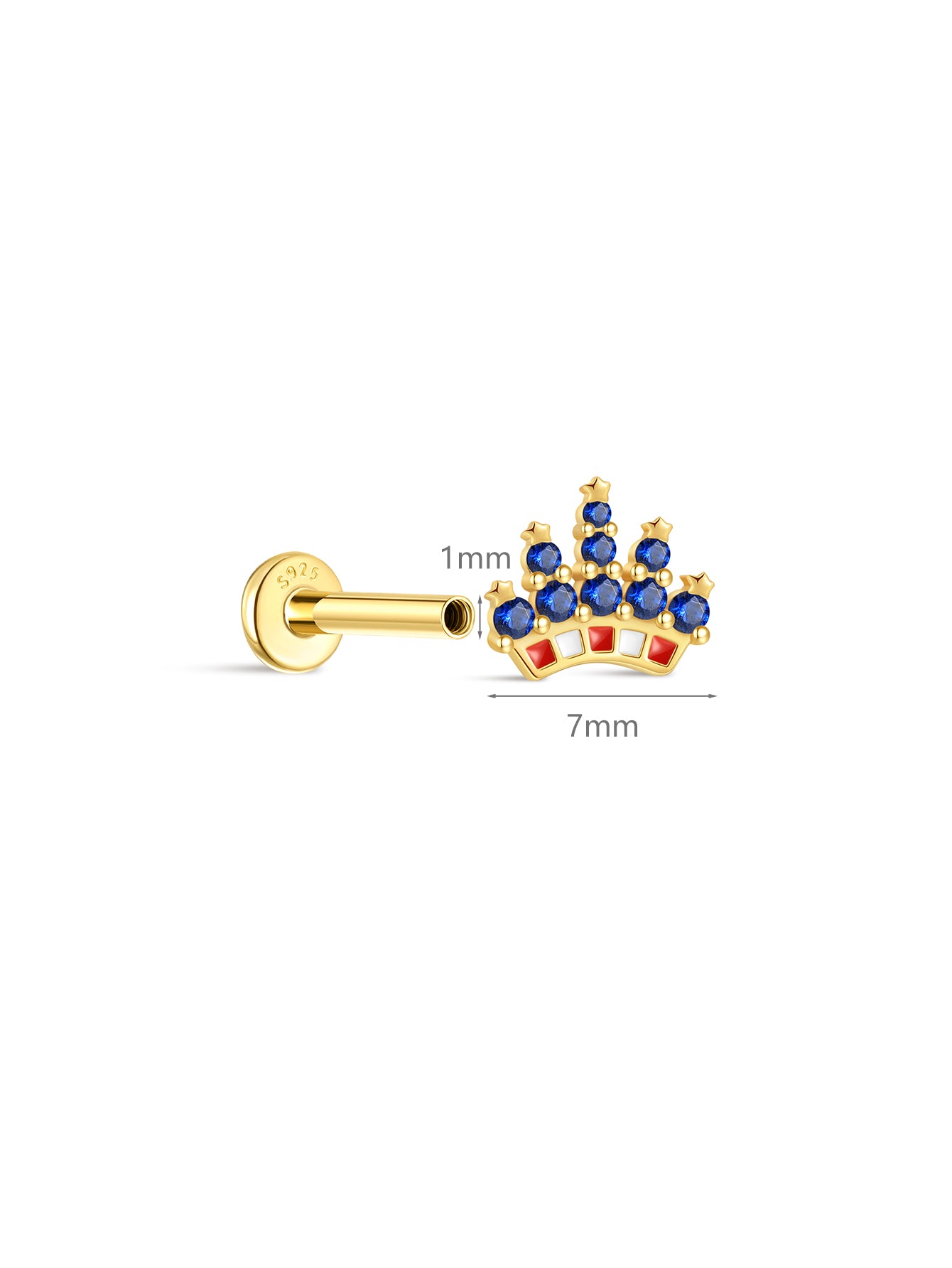 KOSINER patriotic crown flat back stud dimension display, total width 7mm, 1mm thickness, S925 sterling silver internally threaded post, blue crystal pave crown with red white enamel patriotic cartilage piercing earring