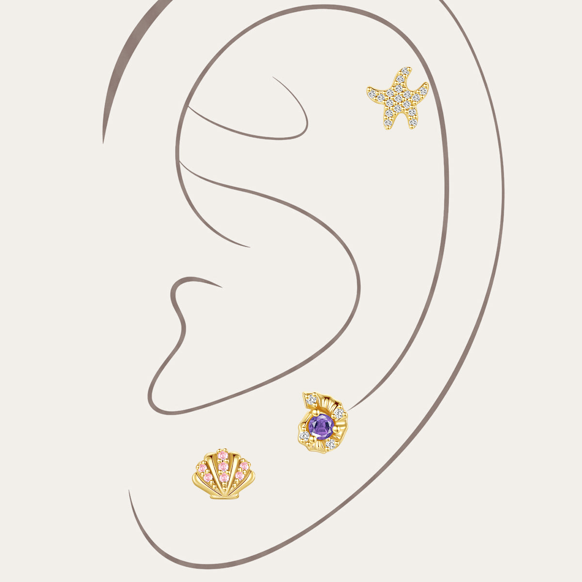 KOSINER Seaspritz 925 Sterling Silver Seaside Earring Set featuring ocean-inspired starfish, shell, and gemstone designs