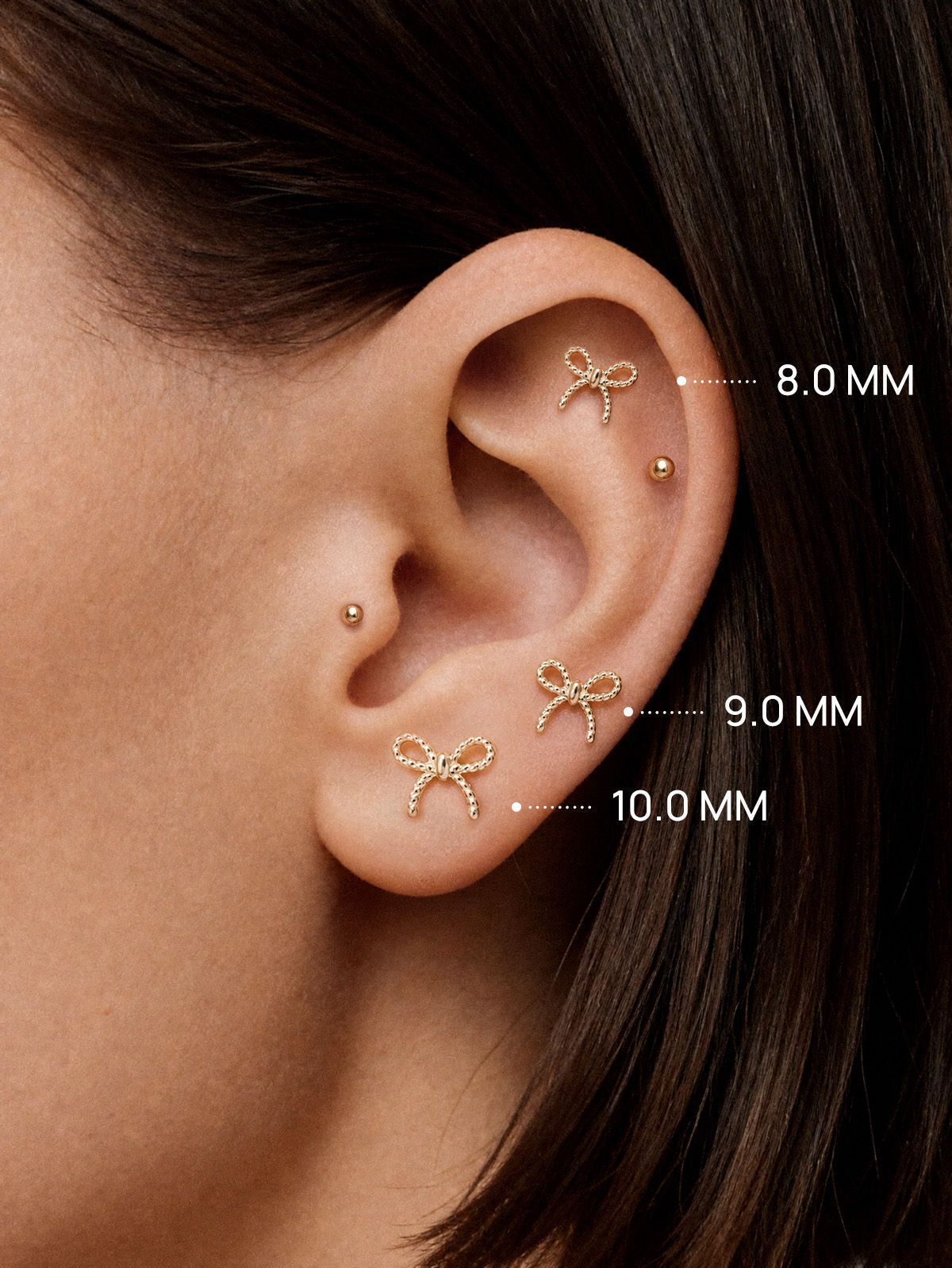 KOSINER 14K Solid Gold Elegant Textured Bowknot Flat Back Stud, Nickel-Free Waterproof Sleep Friendly Dainty Multi Piercing Jewelry for Women | 8/9/10mm