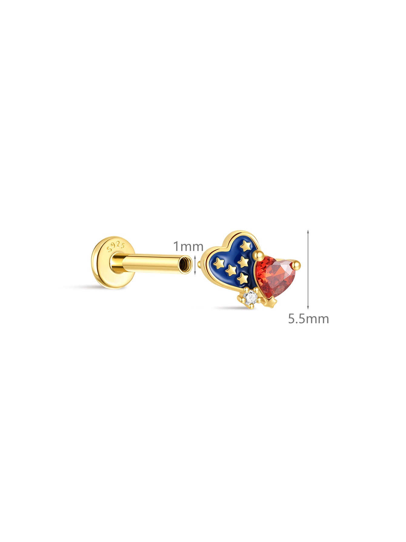 KOSINER patriotic heart flat back stud dimension display, total height 5.5mm, 1mm post thickness, S925 sterling silver internally threaded labret post, red blue patriotic double heart cartilage piercing earring