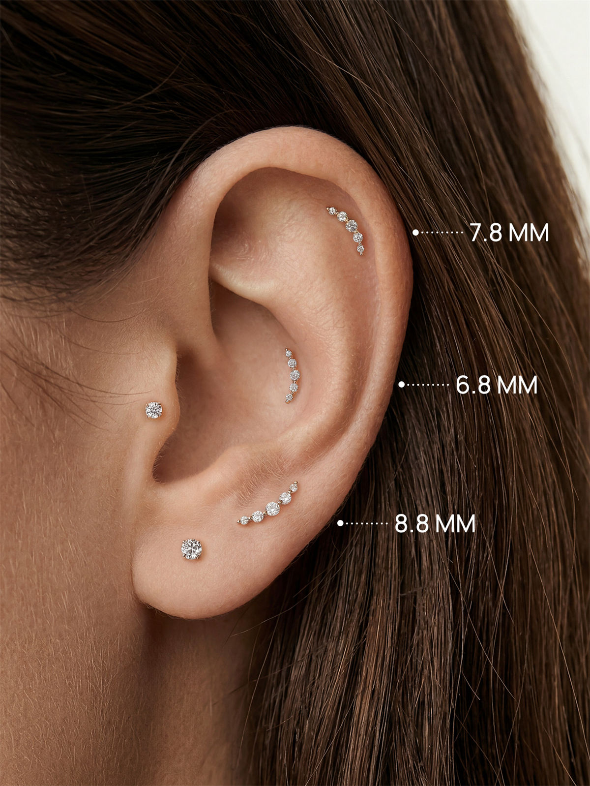 KOSINER Crescent Stud Sizes: 6.8mm / 7.8mm / 8.8mm 14K Gold Piercing Jewelry