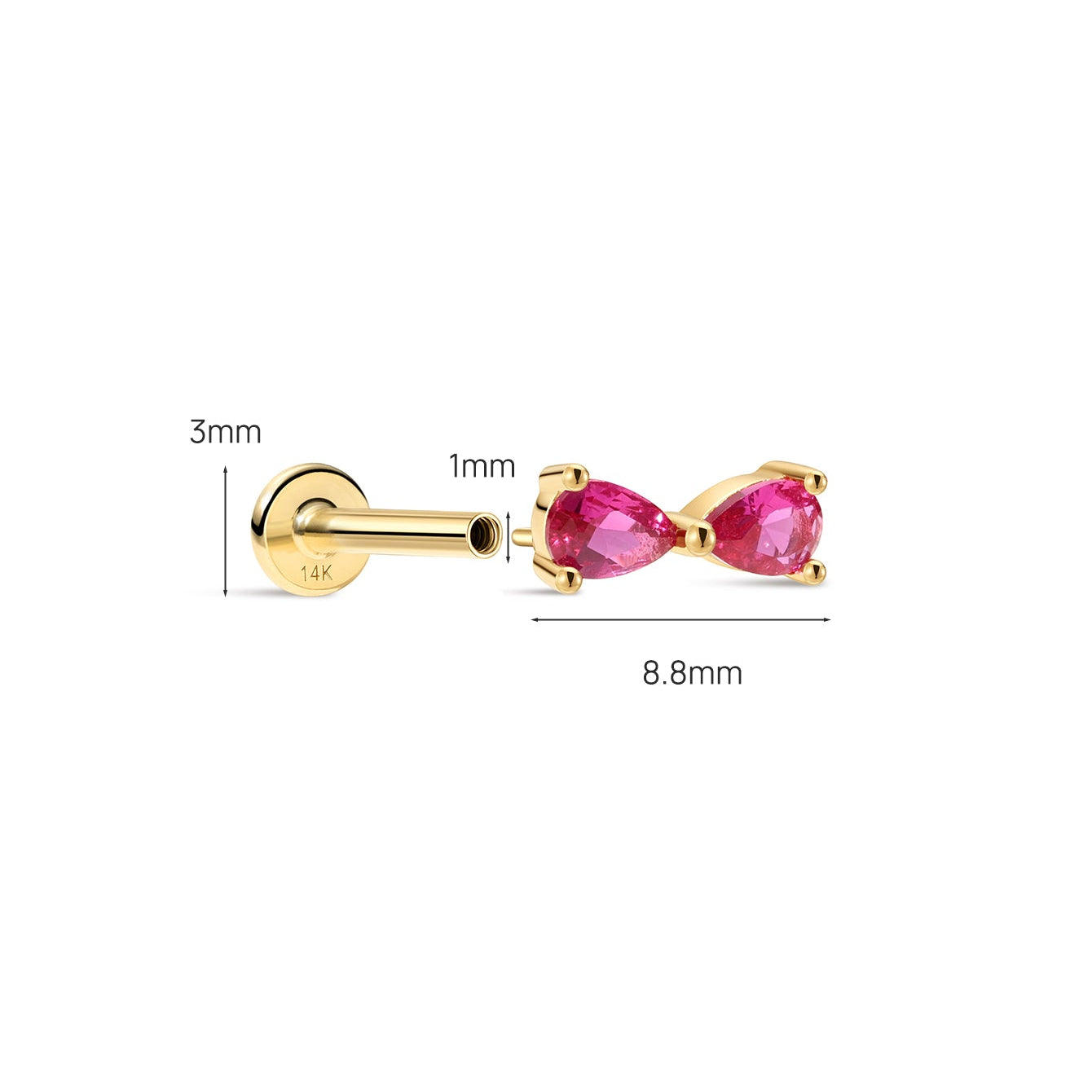 Dimension diagram of KOSINER pink gem bikini bow flat back stud, 14K gold internally threaded design: back base diameter 3mm, threaded tube length 1mm, decorative front total length 8.8mm, detailed size specification for lobe & helix piercing