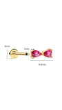 Dimension diagram of KOSINER pink gem bikini bow flat back stud, 14K gold internally threaded design: back base diameter 3mm, threaded tube length 1mm, decorative front total length 8.8mm, detailed size specification for lobe & helix piercing