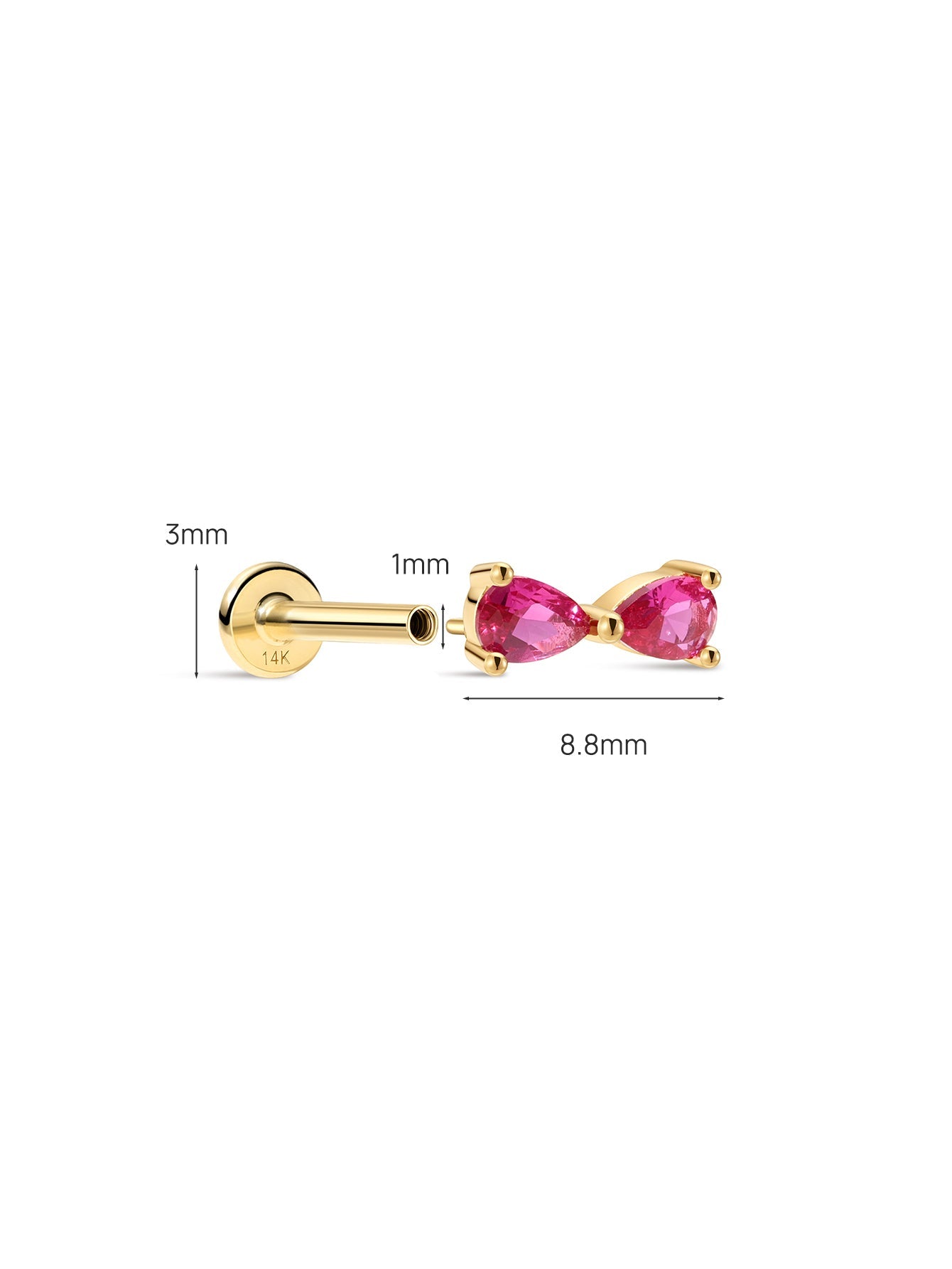 Dimension diagram of KOSINER pink gem bikini bow flat back stud, 14K gold internally threaded design: back base diameter 3mm, threaded tube length 1mm, decorative front total length 8.8mm, detailed size specification for lobe & helix piercing