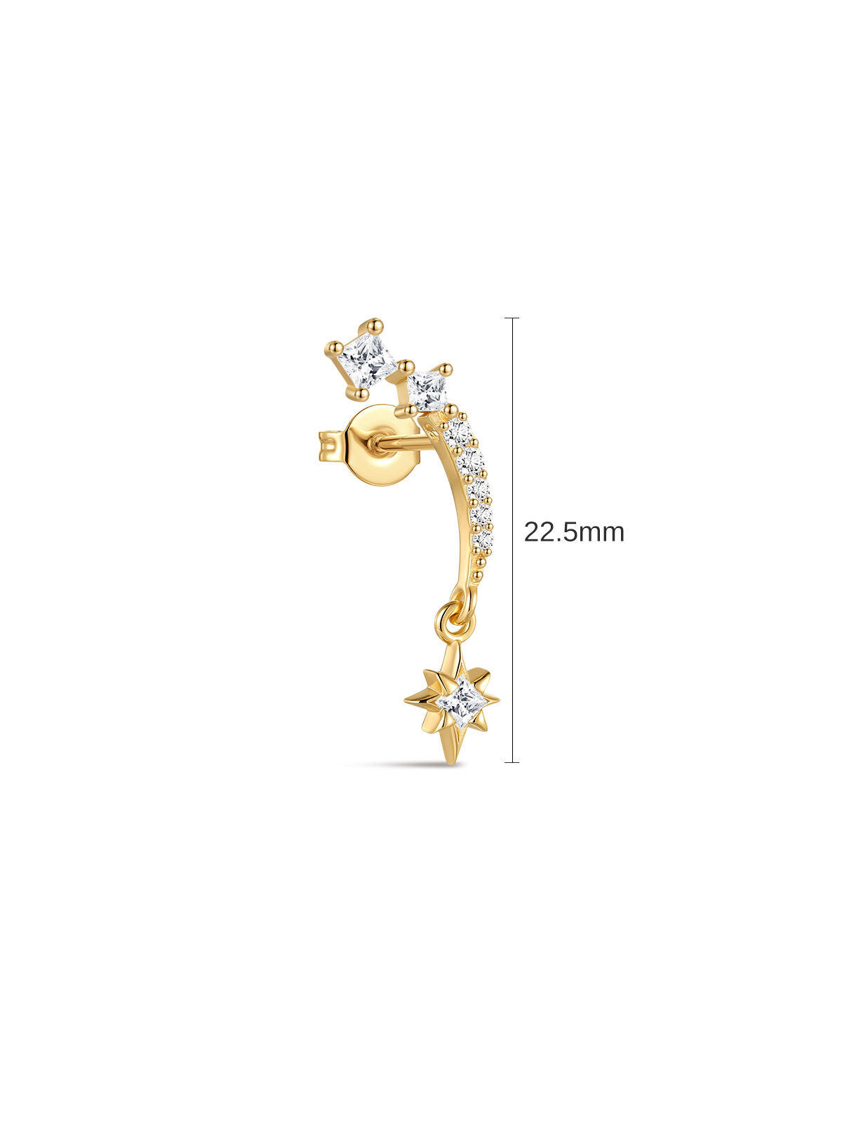 KOSINER Rising Star gold-plated star earring showing its 22.5mm total length and butterfly back