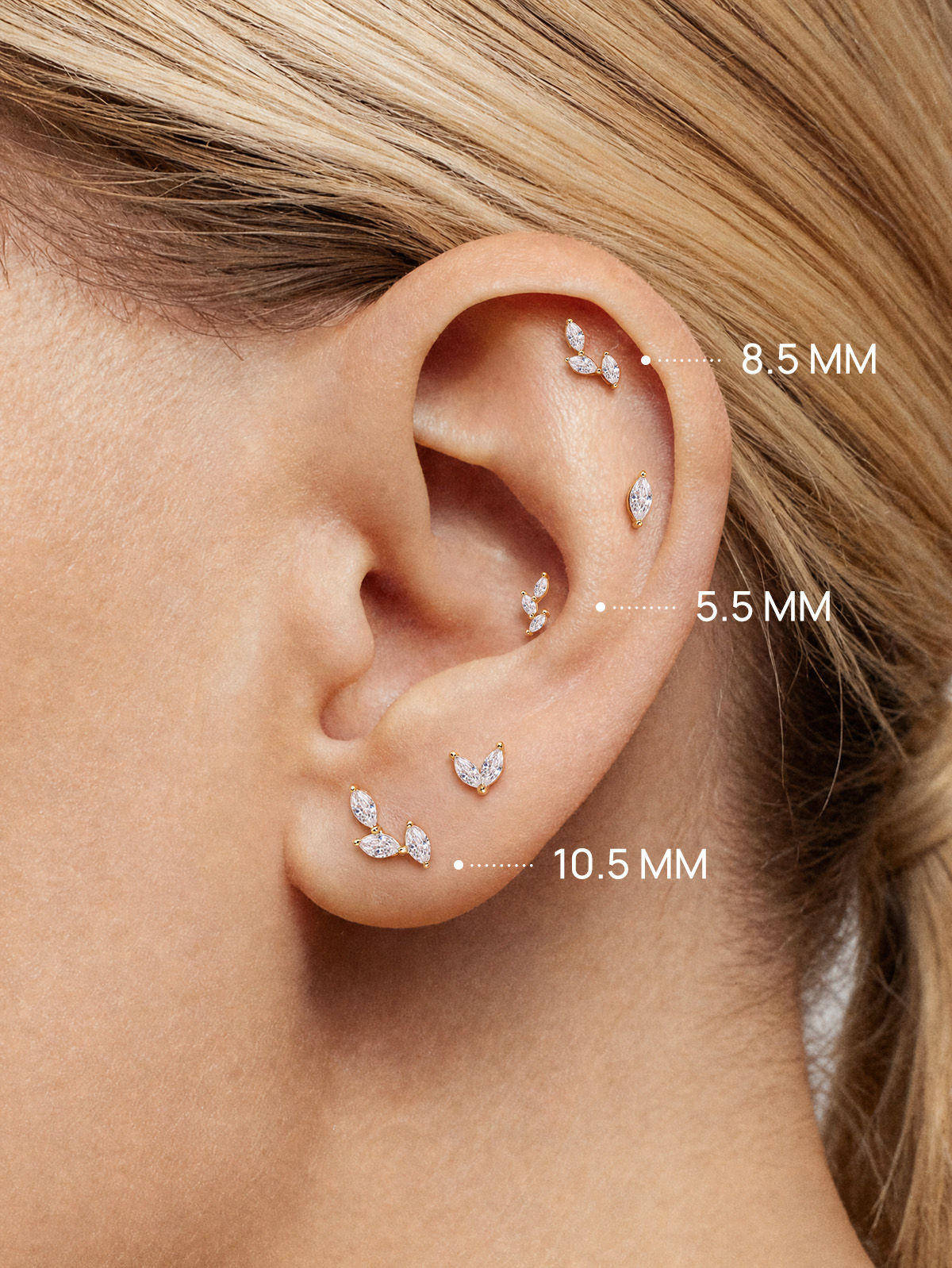 KOSINER 14K Solid Gold Three Marquise Leaf Flat Back Stud, Nickel-Free Waterproof Elegant Dainty Multi Piercing Jewelry for Women