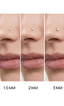Three-panel nose sizing reference photo displaying 1.5mm, 2mm, 3mm KOSINER L-shape nose studs on nostril to show visual size difference