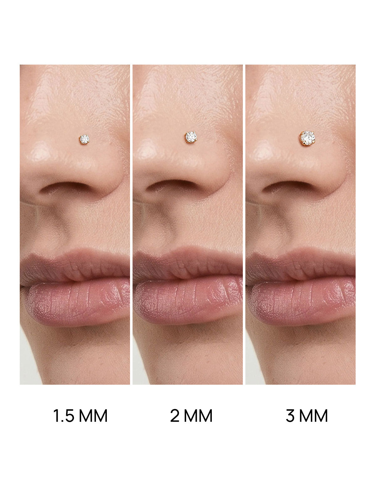 Three-panel nose sizing reference photo displaying 1.5mm, 2mm, 3mm KOSINER L-shape nose studs on nostril to show visual size difference