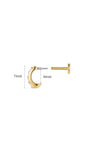 Exploded view of KOSINER C-shape flat back stud with size markings: total 7mm height, inner opening 4mm, showing threaded decorative front with pavé CZ row and separate smooth flat back labret post