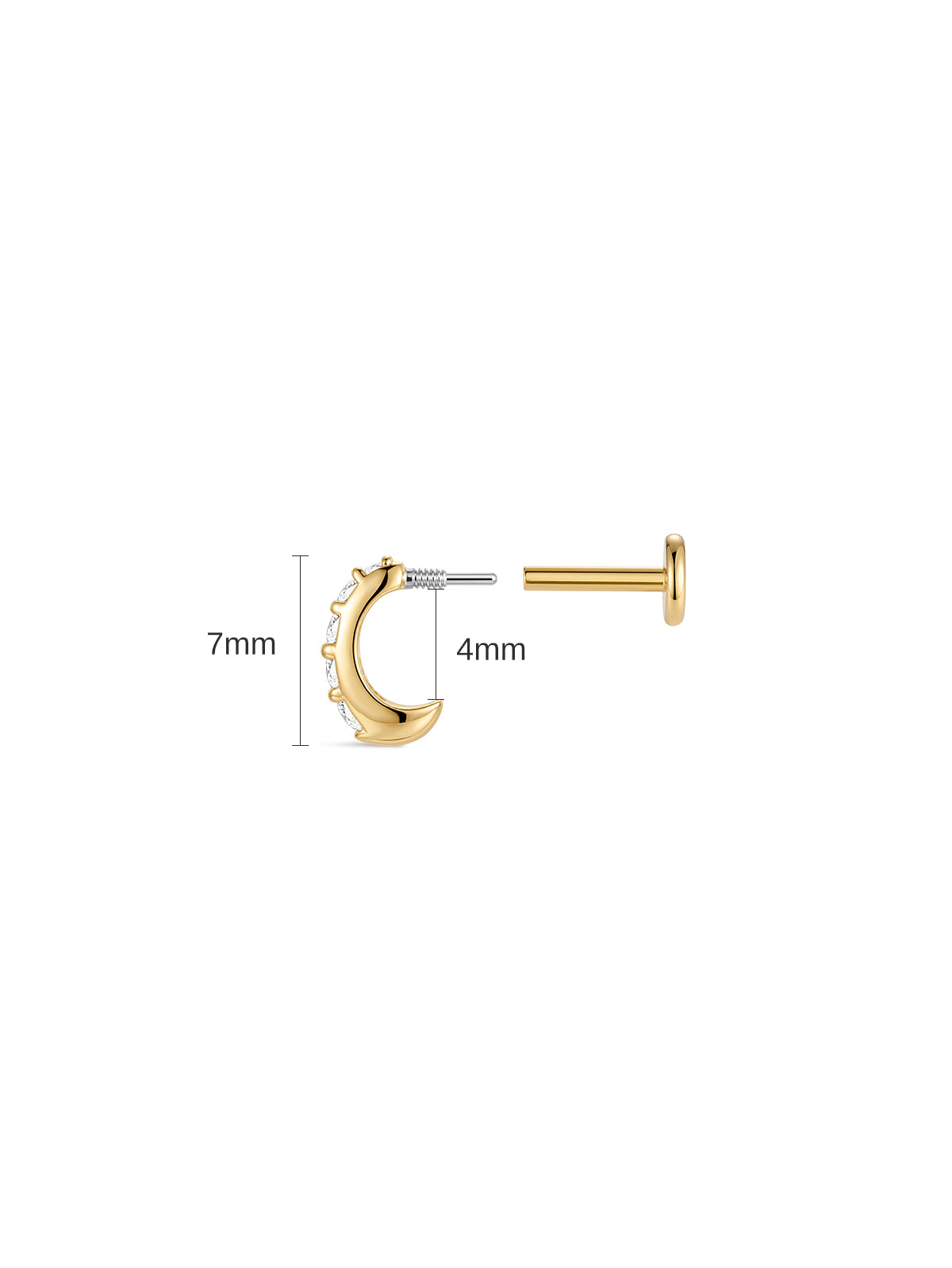Exploded view of KOSINER C-shape flat back stud with size markings: total 7mm height, inner opening 4mm, showing threaded decorative front with pavé CZ row and separate smooth flat back labret post