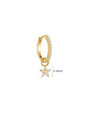 Front view of KOSINER Rising Star gold-plated hoop with a dangling five-pointed star set with five clear stones