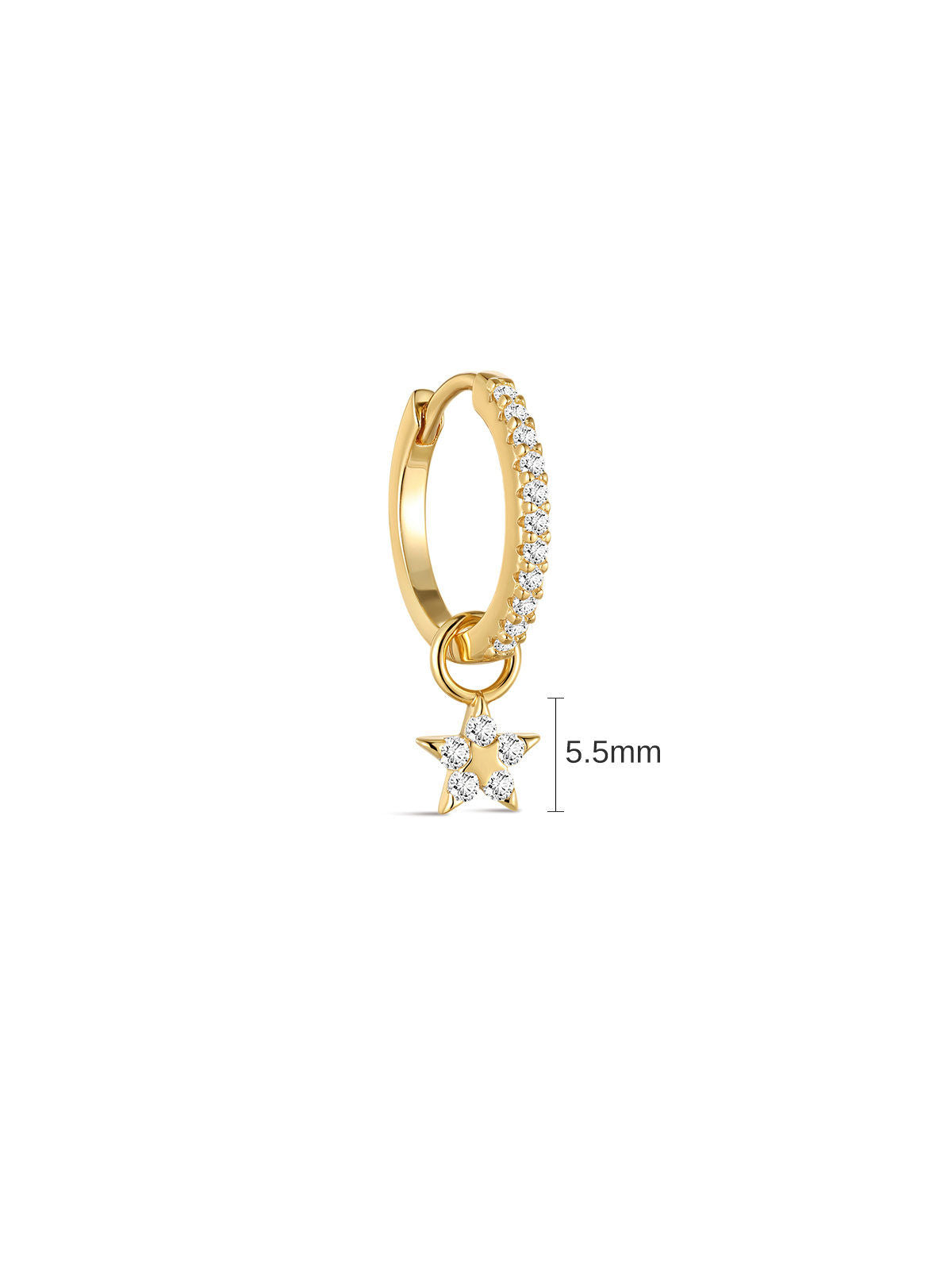 Front view of KOSINER Rising Star gold-plated hoop with a dangling five-pointed star set with five clear stones