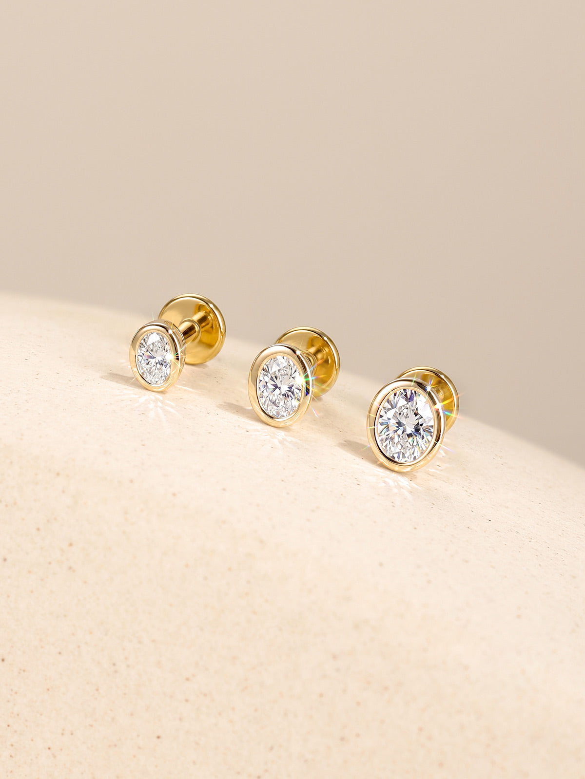 KOSINER multi-size oval bezel lab-grown diamond flat back studs in 14K solid gold