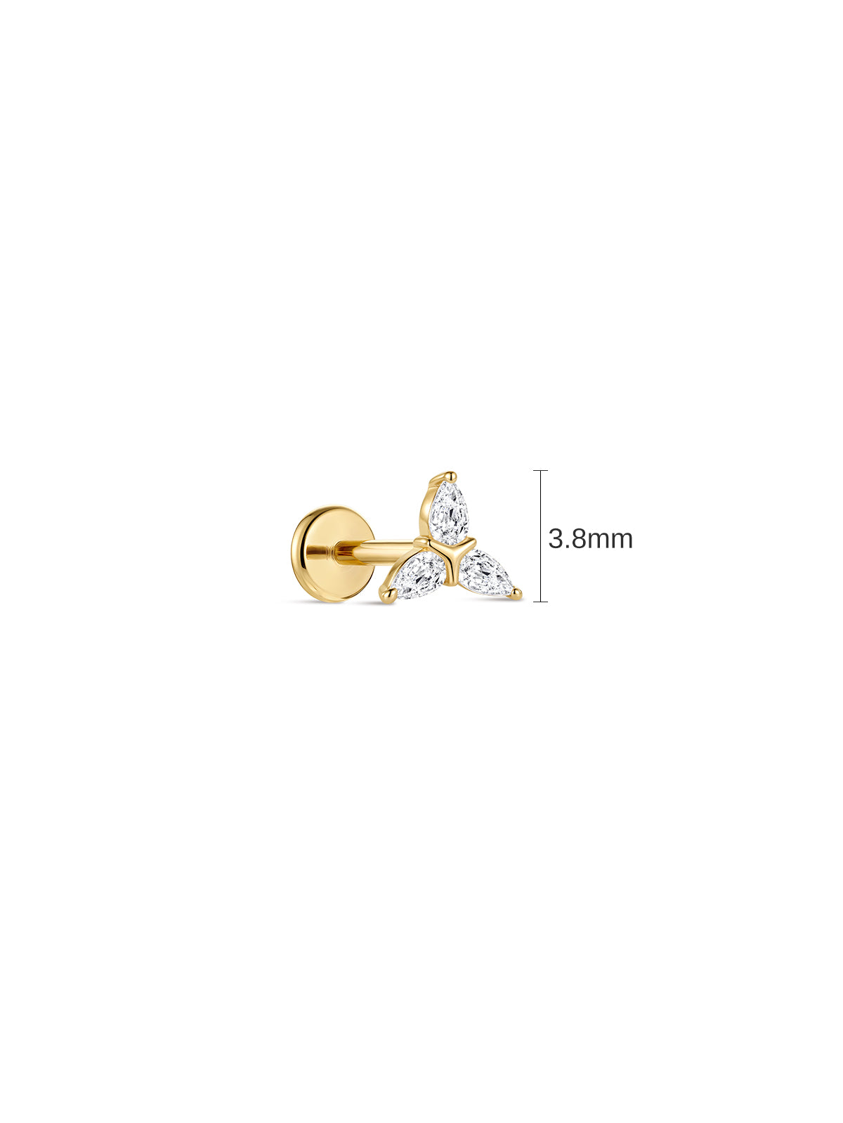 3.8mm dimension reference of 14K solid gold Trinity Knot flat back stud, pear cut cz trinity symbol cartilage piercing earring white background