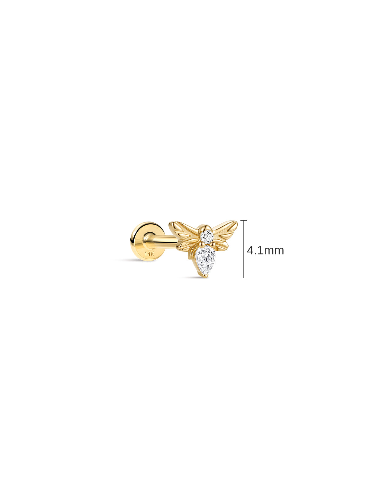 Size reference 4.1mm 14K solid gold bee flat back cartilage stud, pear cz bee tragus piercing earring dimension marking, minimalist white background