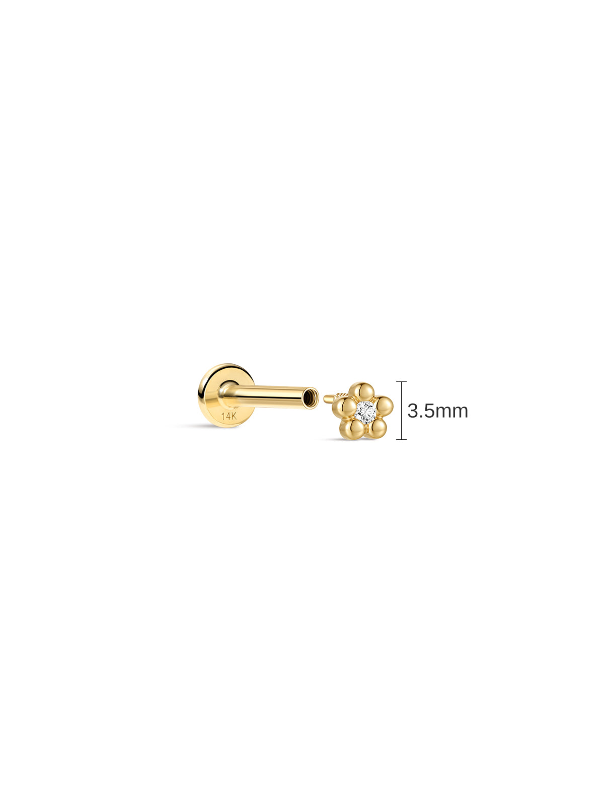 KOSINER Little Wonder 14K solid gold flower flat back stud size and dimensions