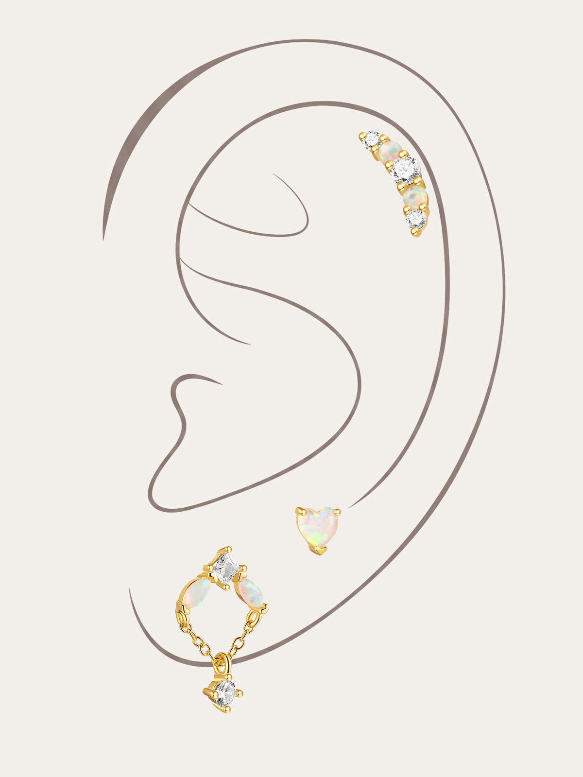 KOSINER Heart Opal Stud in Curated Ear Stack, Helix & Lobe Piercing