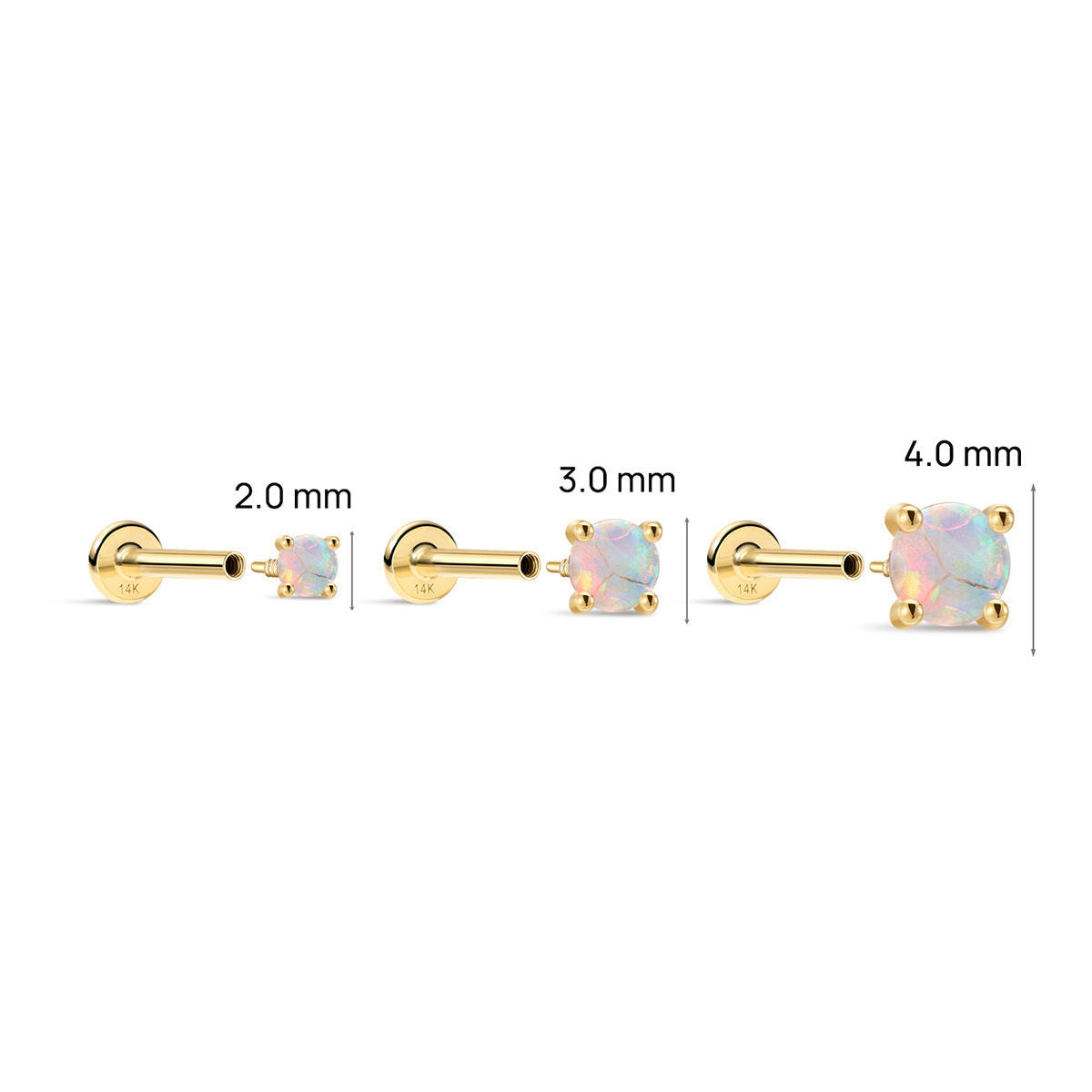 KOSINER 14K Solid Gold Minimal Round Prong-Set Opal Flat Back Piercing Stud, Nickel-Free Waterproof Tiny Rainbow Opal Cartilage Earring for Multi Ear Stack Piercing