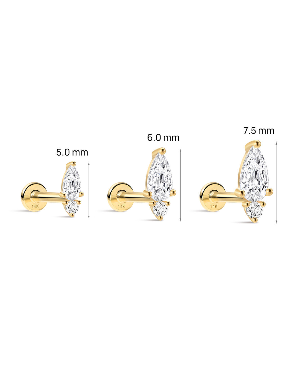 14K Solid Gold Minimal Pear Two-Stone Flat Back Stud Ear Stack, 3 Sizes 5/6/7.5mm Dainty Multi Piercing Cartilage Jewelry