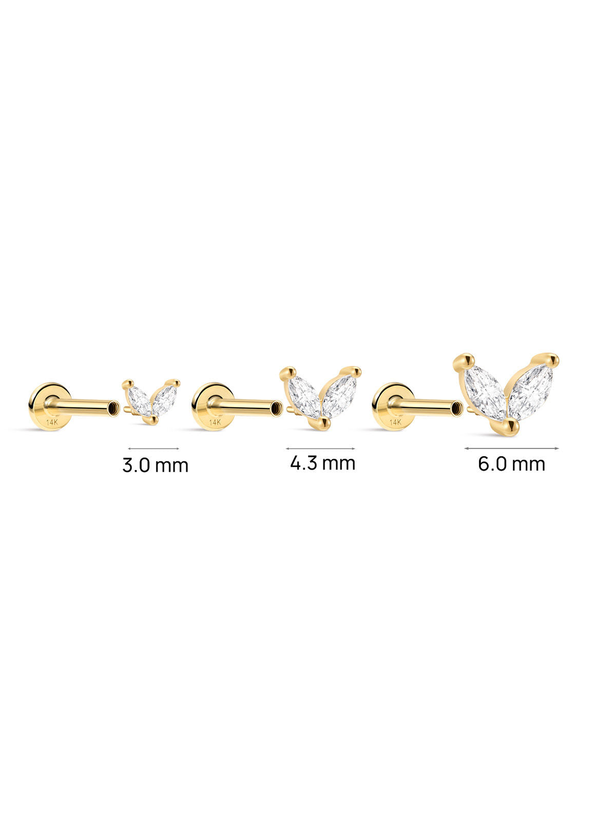 KOSINER 14K Solid Gold Minimal Marquise CZ Butterfly Wing Flat Back Piercing Stud, Nickel-Free Waterproof Dainty Elegant Cartilage Earring for Multi Piercing Stack