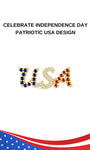 KOSINER Independence Day Patriotic USA Flat Back Stud, cursive USA letter motif inlaid with red white blue flag-colored crystals, patriotic holiday jewelry designed to celebrate 4th of July, internally threaded ear stud for layered ear stacking