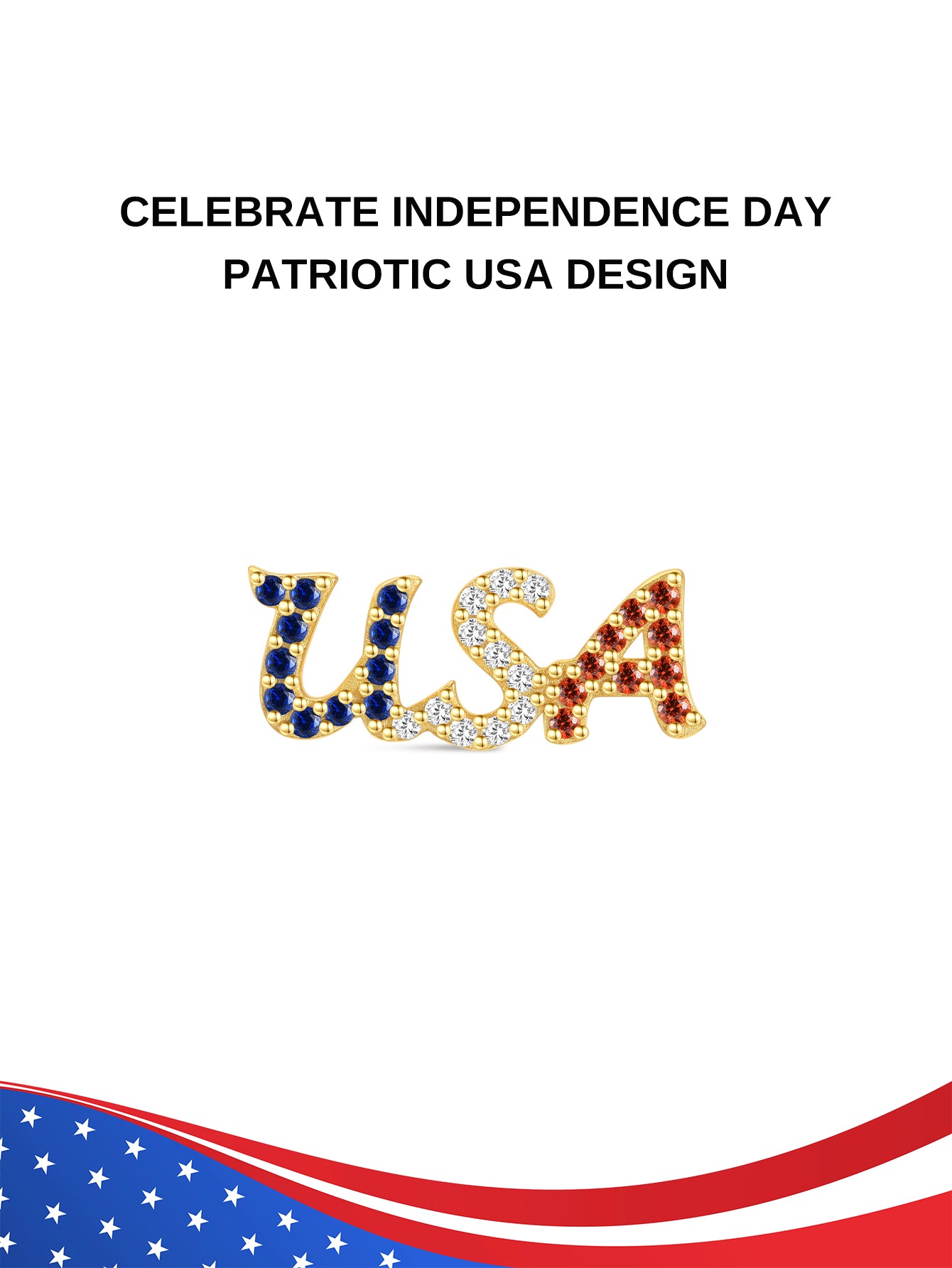KOSINER Independence Day Patriotic USA Flat Back Stud, cursive USA letter motif inlaid with red white blue flag-colored crystals, patriotic holiday jewelry designed to celebrate 4th of July, internally threaded ear stud for layered ear stacking