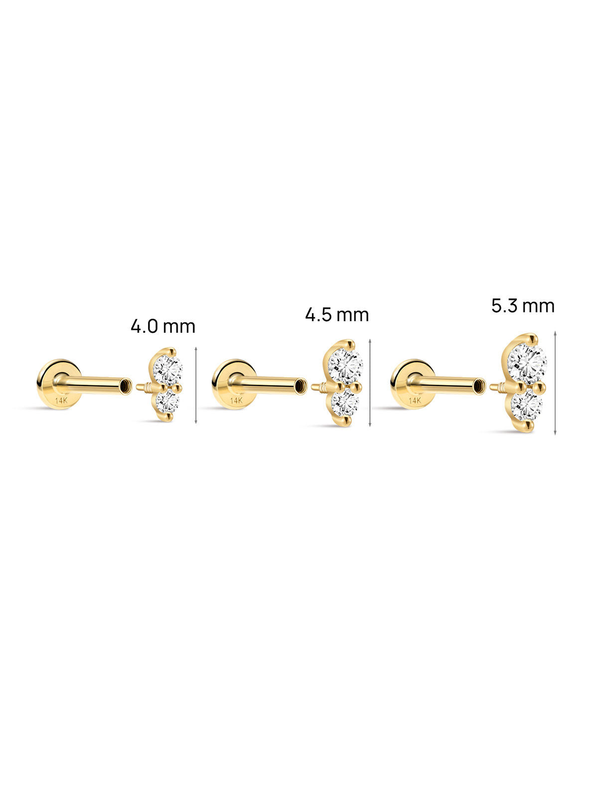 KOSINER 14K Solid Gold Double Clear CZ Ear Stud, Internally Threaded Flat Back Piercing Jewelry