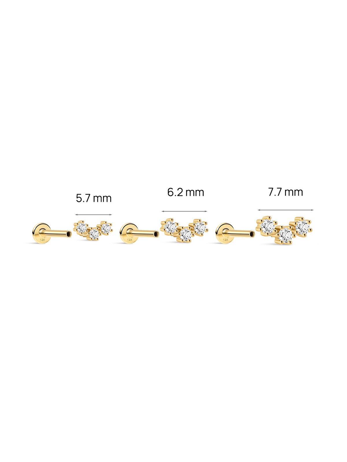 KOSINER Triple-Point Stud Size Guide (5.7/6.2/7.7mm), 14K Gold Flat Back Piercing Earring