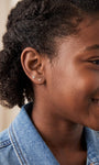 Model wearing a 14K gold rabbit stud with coordinating flat back earrings