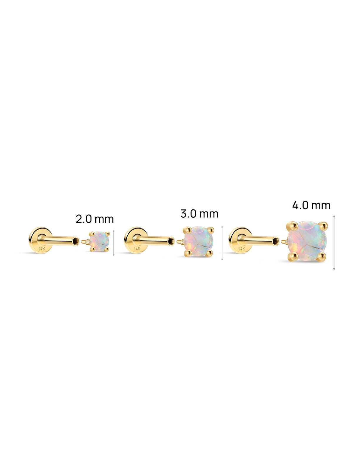 KOSINER 14K Solid Gold Minimal Round Prong-Set Opal Flat Back Piercing Stud, Nickel-Free Waterproof Tiny Rainbow Opal Cartilage Earring for Multi Ear Stack Piercing