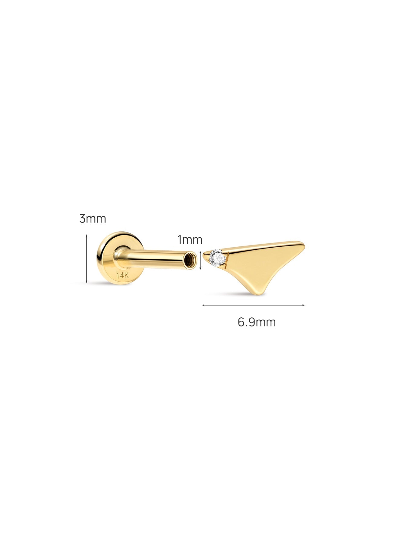 Dimension diagram of KOSINER clear gem triangle bikini flat back stud, 14K solid gold polished finish: back base diameter 3mm, threaded tube length 1mm, decorative front total length 6.9mm, precise sizing data for cartilage piercing use