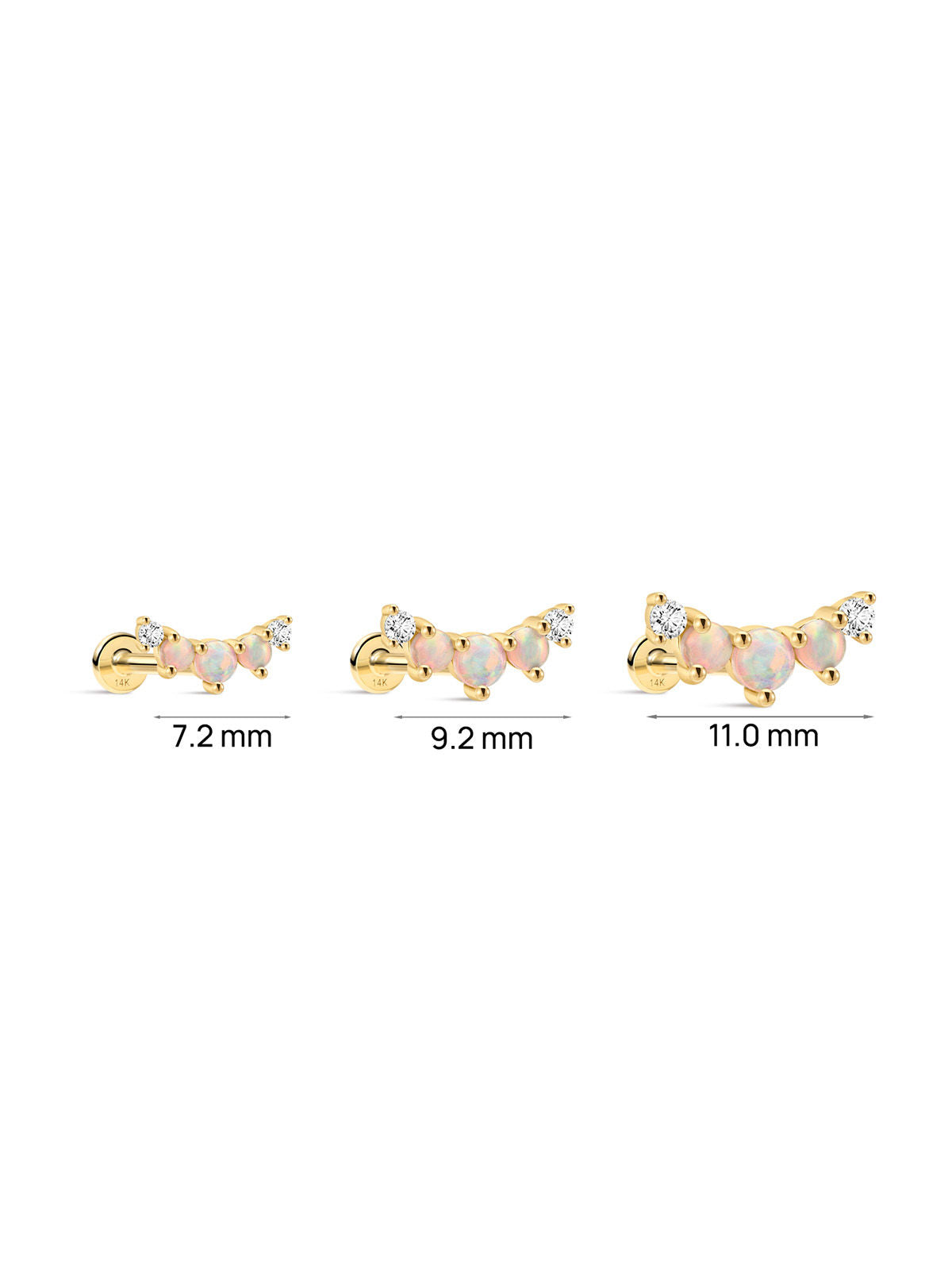 KOSINER 14K Solid Gold Three-Stone Opal Cluster Curved Flat Back Piercing Stud, Nickel-Free Waterproof Dainty Rainbow Opal Cartilage Earring for Multi Ear Stack Piercing
