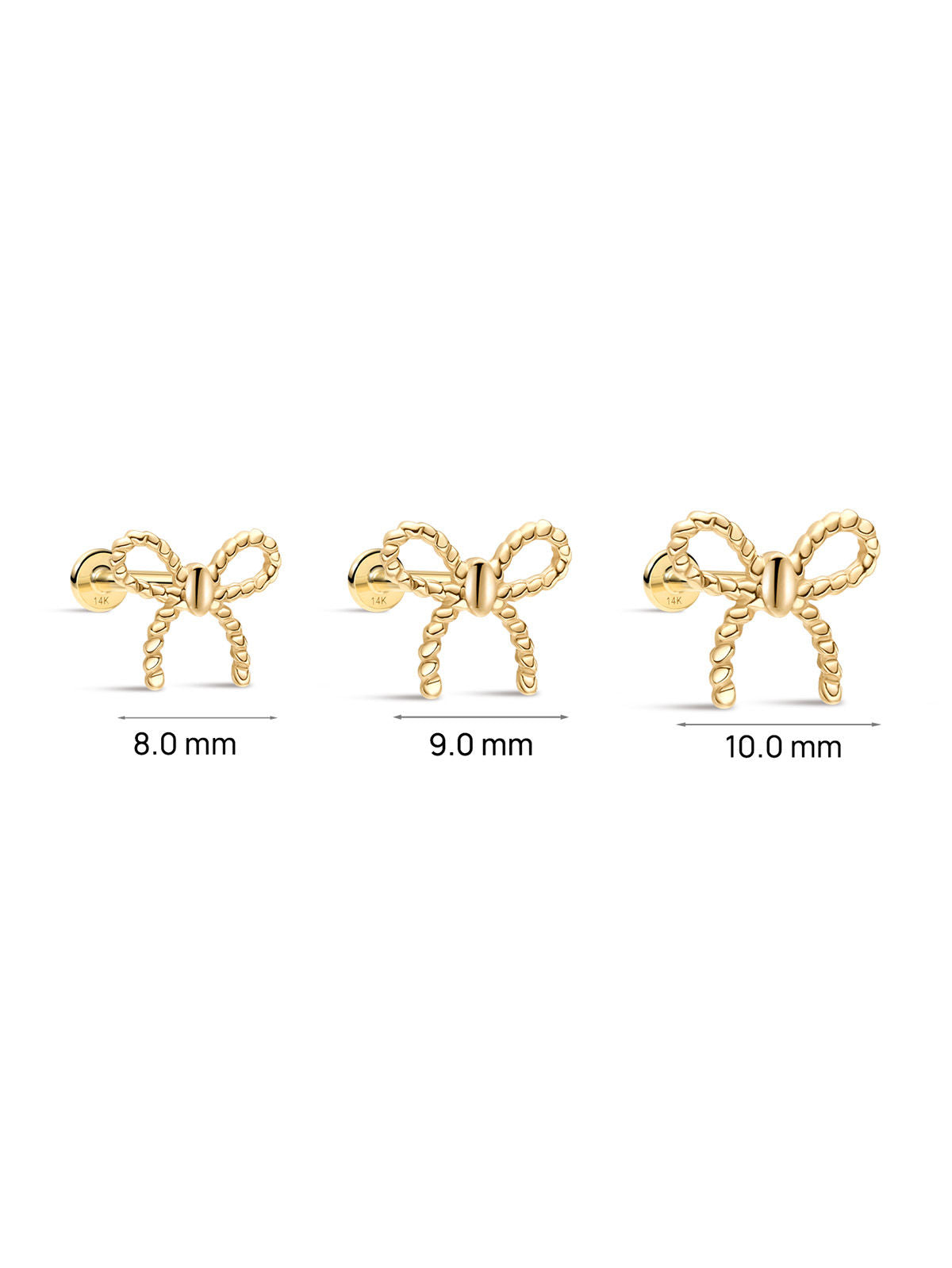 KOSINER 14K Solid Gold Elegant Textured Bowknot Flat Back Stud, Nickel-Free Waterproof Sleep Friendly Dainty Multi Piercing Jewelry for Women | 8/9/10mm