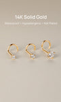 Three size variations of KOSINER 14K solid gold twist nose studs arranged on soft neutral backdrop, header text: 14K Solid Gold, Waterproof, Hypoallergenic, Not Plated premium piercing jewelry
