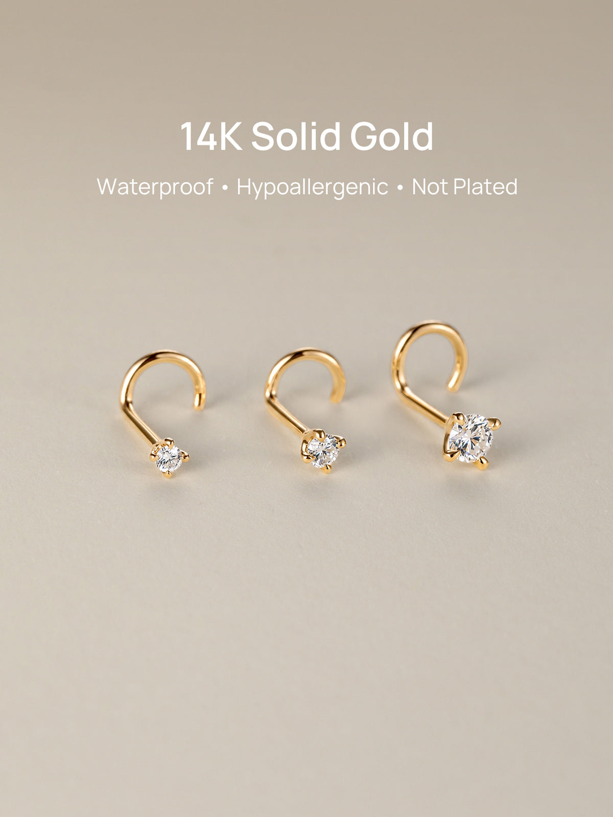 Three size variations of KOSINER 14K solid gold twist nose studs arranged on soft neutral backdrop, header text: 14K Solid Gold, Waterproof, Hypoallergenic, Not Plated premium piercing jewelry