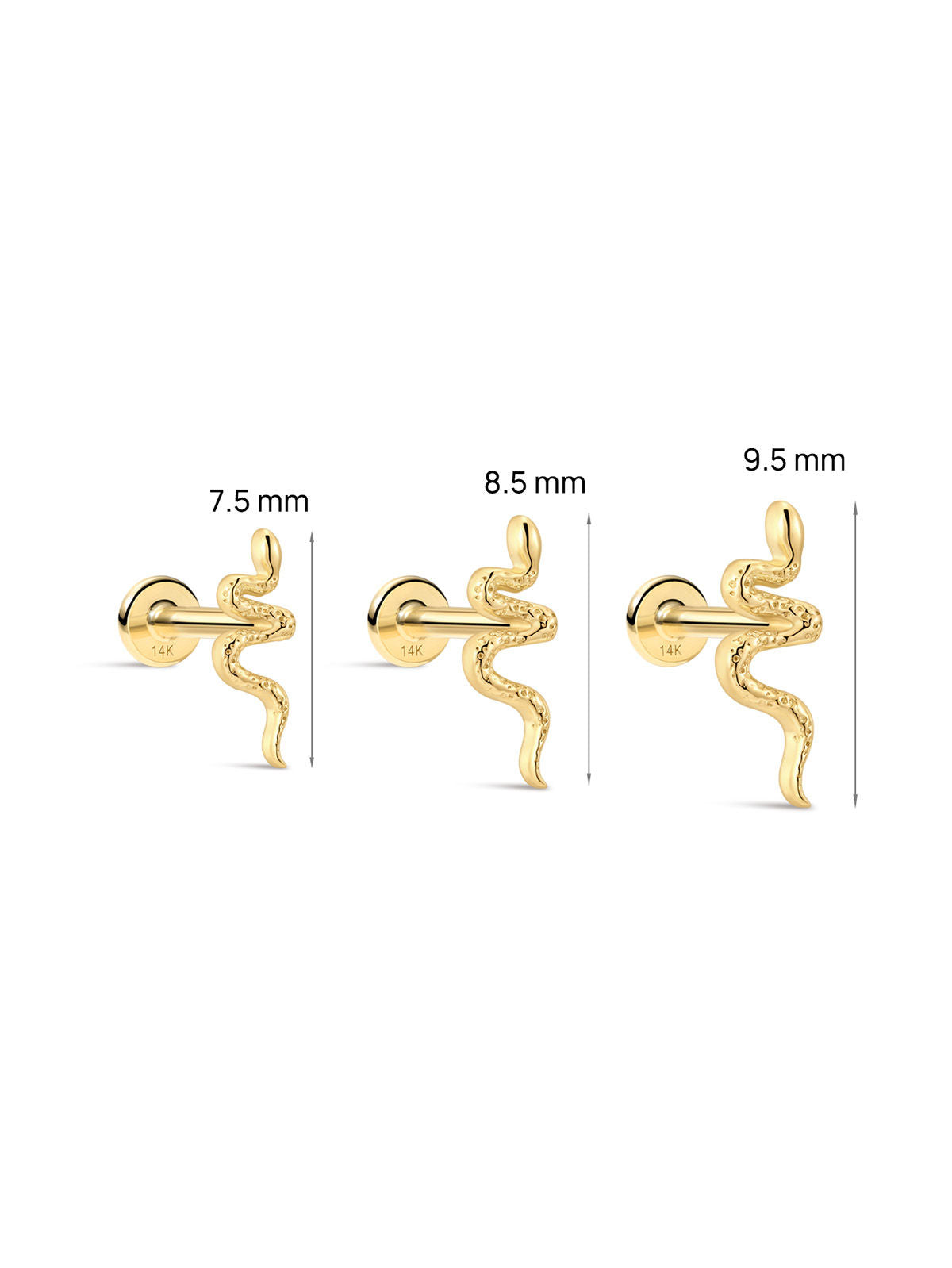 KOSINER 14K Solid Gold Dainty Textured Snake Flat Back Piercing Stud, Nickel-Free Waterproof Vintage Animal Cartilage Earring for Multi Ear Stack Piercing