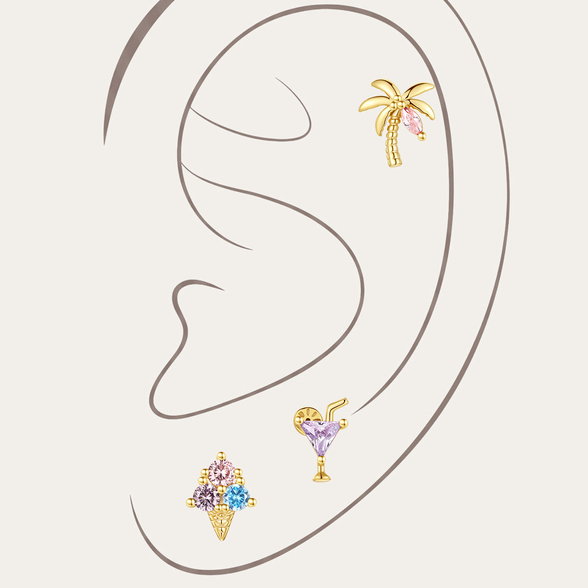 Gold plated 925 sterling silver Seaspritz summer vacation curated ear piercing set on simple ear outline, palm tree helix stud, purple cocktail glass cartilage stud, colorful multi CZ ice cream cone labret stud, tropical beach themed jewelry