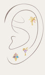 Gold plated 925 sterling silver Seaspritz summer vacation curated ear piercing set on simple ear outline, palm tree helix stud, purple cocktail glass cartilage stud, colorful multi CZ ice cream cone labret stud, tropical beach themed jewelry