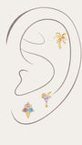 Gold plated 925 sterling silver Seaspritz summer vacation curated ear piercing set on simple ear outline, palm tree helix stud, purple cocktail glass cartilage stud, colorful multi CZ ice cream cone labret stud, tropical beach themed jewelry