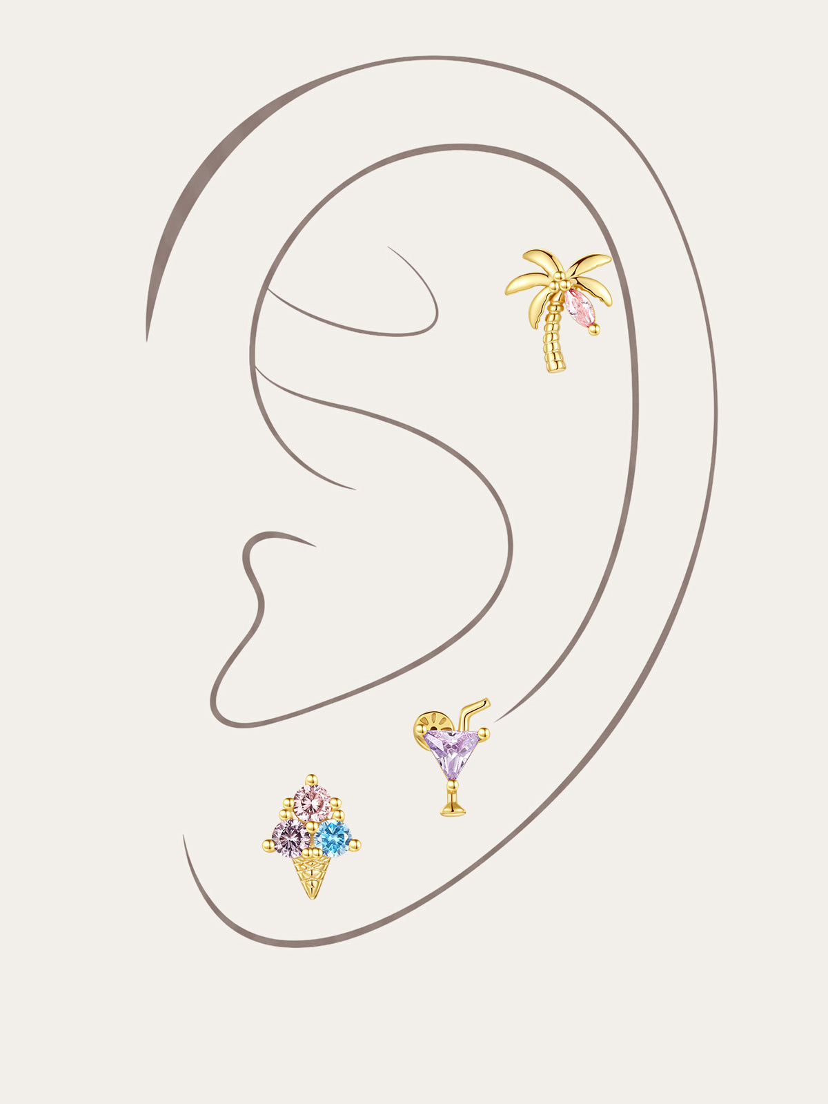 Gold plated 925 sterling silver Seaspritz summer vacation curated ear piercing set on simple ear outline, palm tree helix stud, purple cocktail glass cartilage stud, colorful multi CZ ice cream cone labret stud, tropical beach themed jewelry