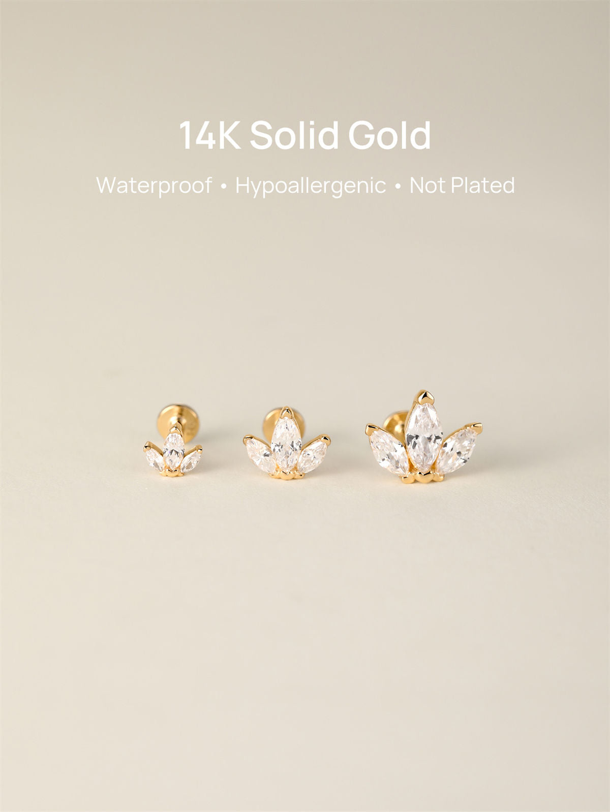 KOSINER Gold marquise trio flat back stud, safe for sensitive skin, waterproof for everyday wear