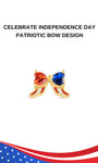 KOSINER Independence Day Patriotic Bow Flat Back Stud, delicate bow silhouette with red & blue heart gemstones, patriotic red-white enamel detailing, patriotic jewelry designed to celebrate 4th of July, internally threaded ear stud for layered ear stacking