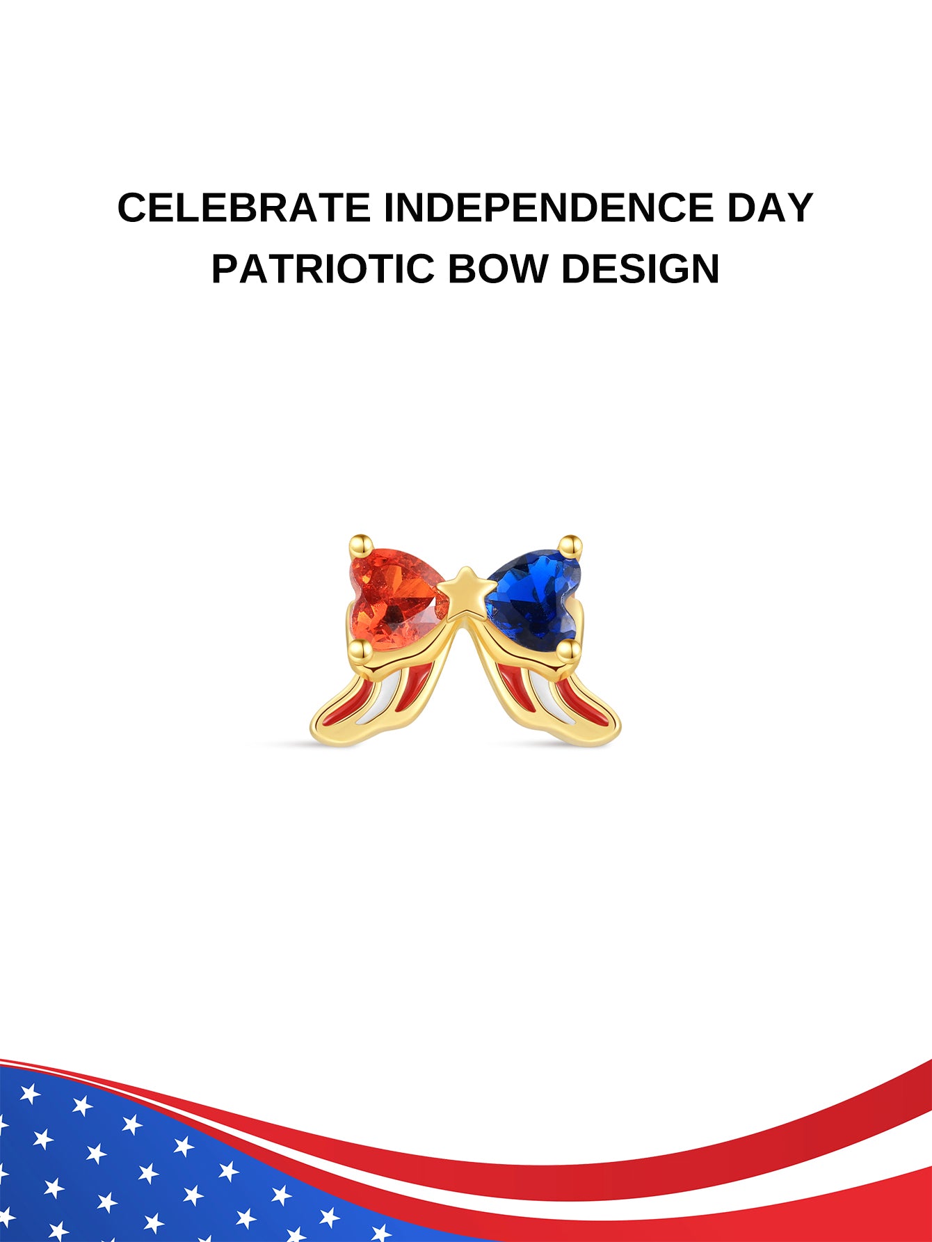KOSINER Independence Day Patriotic Bow Flat Back Stud, delicate bow silhouette with red & blue heart gemstones, patriotic red-white enamel detailing, patriotic jewelry designed to celebrate 4th of July, internally threaded ear stud for layered ear stacking